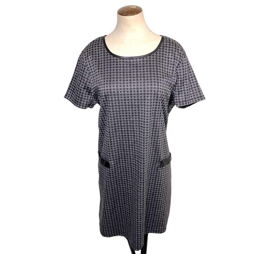 Plaid Shirt Dress Gray Purple Black Faux Leather Crew Neck Sz XL